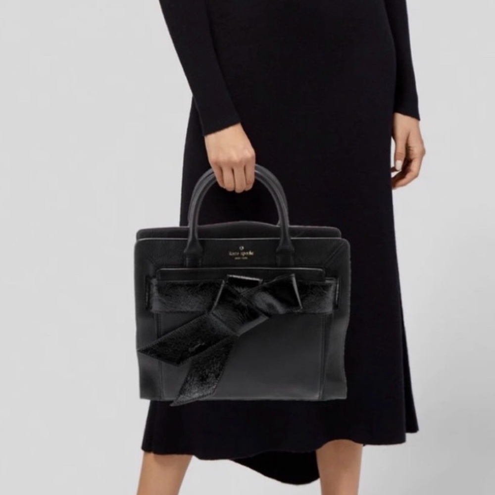 Kate Spade New York Black Pebble Leather Beau Satchel with Patent Bow bag- NWOT